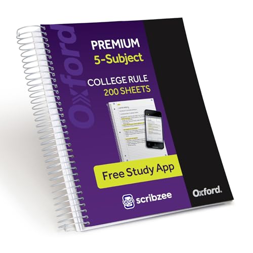Oxford Spiral Notebook with Free Study App, 5 Subject, College Ruled, Ultra Smooth Paper, No Ink Bleed-Through, Strong Poly Black Cover, 5 Durable 2 Sided Pockets, 200 Easy Perforated 8.5"x11" Sheets - color: Black