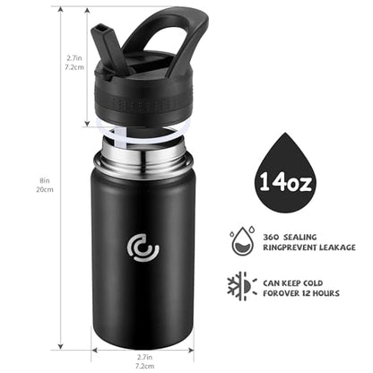 14 Oz Kids Water Bottle, Stainless Steel Water Bottle with Straws, Leak-Proof, BPA-Free, Insulated Water Bottles for School Boys & Girls|Black - color: Black