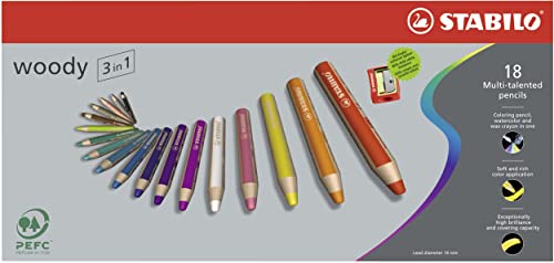 STABILO Multi-talented Pencil woody 3-in-1 - Wallet of 18 - Assorted Colors + Sharpener