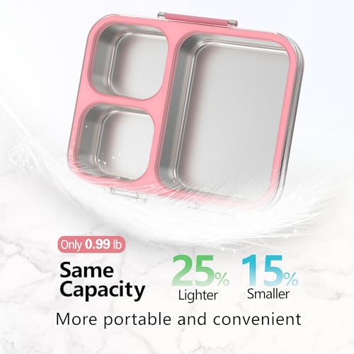 HOMEKOL Stainless Steel Bento Lunch Box 3-Compartment, 4.2Cups, Pink | Leak-Proof Metal Lunch Container for Kids & Adults, BPA-Free, Dishwasher Safe, Clear Tritan Lid, 1000ml (Not Insulated) - color: Pink, size: 34oz (1000ml)