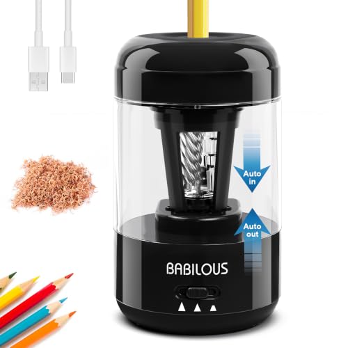 Babilous Rechargeable Electric Pencil Sharpener with Auto Feed & Auto Eject | Fits 6–8mm HB & Colored Pencils, Hands-Free Auto Sharpening, USB-C Rechargeable, Ideal for Kids, School, Classroom & Office - color: Black