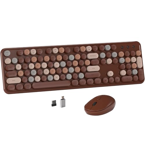 Colorful MPTOG Wireless Computer Keyboard and Mouse Combo (Coffee-Colorful) | Retro Round Typewriter Keycaps, Power Switch, Ergonomic Design, 2.4GHz Wireless for Windows, Mac, PC - color: Coffee-Colorful