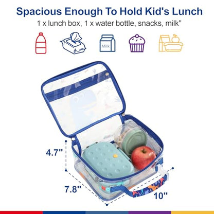 Bagseri Clear Kids Lunch Bag - School Snack Bag with Bottle Holder | Side Pocket, Buckle Handle, Wide Opening, PEVA Lining, School Boys Lunch Box, Clear Toy Bags, Blue Dinosaur - color: B-blue cute dinosaur
