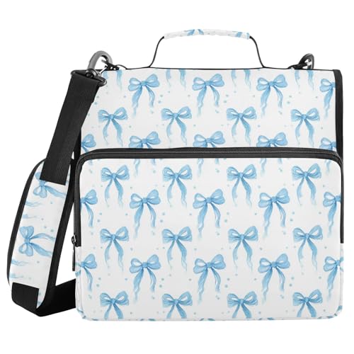 Gredecor 3 Ring Zipper Binder with Shoulder Strap, Blue Ribbon Bow Watercolor Multi-Pockets Organizer Binder Bag Holds 500 Sheets for School and Office - color: Blue Ribbon Bow Watercolor