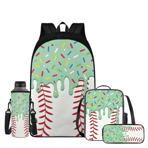 Green Baseball Drip Backpack for Boys 4 Piece Kids Large Backpack Insulated Reinforced Lunch Bag Pencil Case with Fixed Water Bottle Holder School Outdoor Travel Combo - color: Green