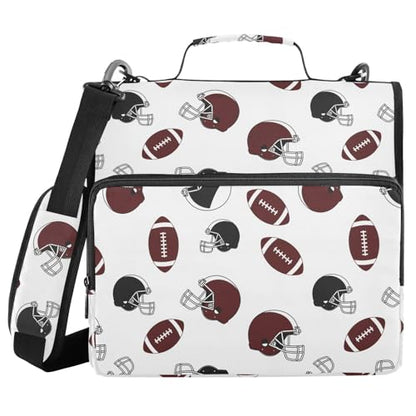 Zipper Binder Bag 3 Ring File Folder Portfolio Organizer Zippered Binder Bags with Strap Fits Laptop Women Men - color: Multi-footballs Brown White