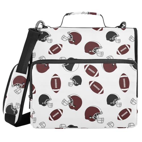 Zipper Binder Bag 3 Ring File Folder Portfolio Organizer Zippered Binder Bags with Strap Fits Laptop Women Men - color: Multi-footballs Brown White