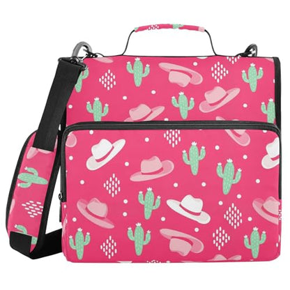 Cowboys Cowgirls Pink Pattern 3 Ring Zipper Binder with Shoulder Strap & Handle 1.5 Inch D-Ring Zippered Bag with Pencil Pouch, Expanding File Folder, Binder Organizer for School or Office - color: Cowboys Cactus Hat Red