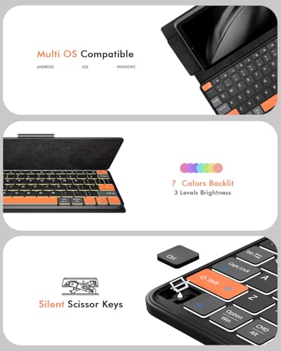 Universal Keyboard Plus Detachable, Dual Bluetooth Portable Keypad with Removable Stand & 7-Color Backlit, Wireless Travel Keyboard for iPad/Z Fold/Galaxy Tabs/Phones, Keypad for iOS/Android/Windows