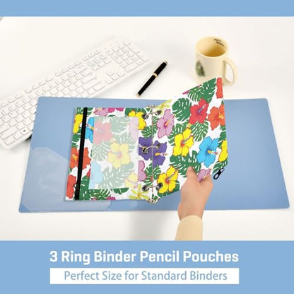 Blueangle Hawaiian Palm Leaves Pencil Pouch for 3 Ring Binder, 2 Pack Clear Window Zipper Pencil Bags for Office