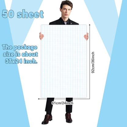 50 Sheets Large Graph Paper 24 X 36 Inch Graph Paper Pad 1 and 1/4inch Ruled Giant Grid Sheet Blueprint Drafting Pad for Engineering Architect Designer Mathematician - color: White and blue