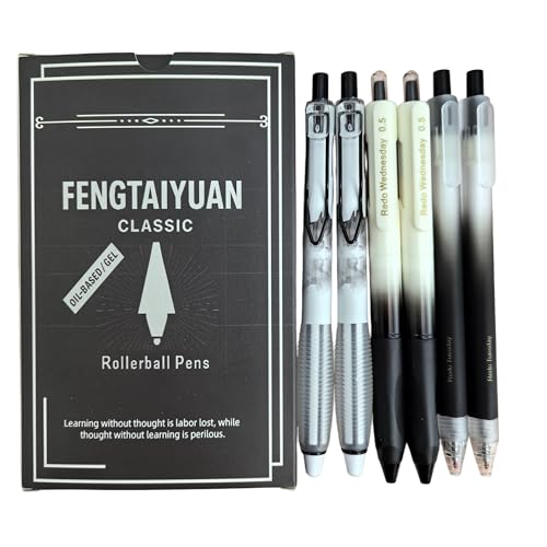 Fengtaiyuan Retractable Gel Pens, 0.5mm Black Ink ST Fine Point, Quick Dry No Smudge 3 Styles (Silent Click/Ergonomic Triangular Grip) for School Office Exam Note Taking, 6 Pack - color: BlackFGTWP6