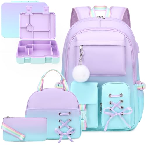 Scothen Backpack for Girls with Bento Lunch Box Set, School Bag Bookbag for Teens Girls Kids Student, 43oz Lunch Containers Lunchbox, Insulated Lunch Bag & Pencial Case, Back to School Gifts - color: Purple Blue