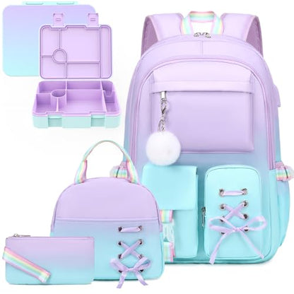 Scothen Backpack for Girls with Bento Lunch Box Set, School Bag Bookbag for Teens Girls Kids Student, 43oz Lunch Containers Lunchbox, Insulated Lunch Bag & Pencial Case, Back to School Gifts - color: Purple Blue