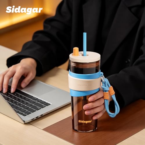 24oz Tritan Water Bottle with Straw and Silicone Sleeve, Brown Leak-Proof Aesthetic Tumbler with Portable Carrying Strap, BPA-Free Reusable Straw Cup for School, Office, Gym - color: Cocoa Smoothie