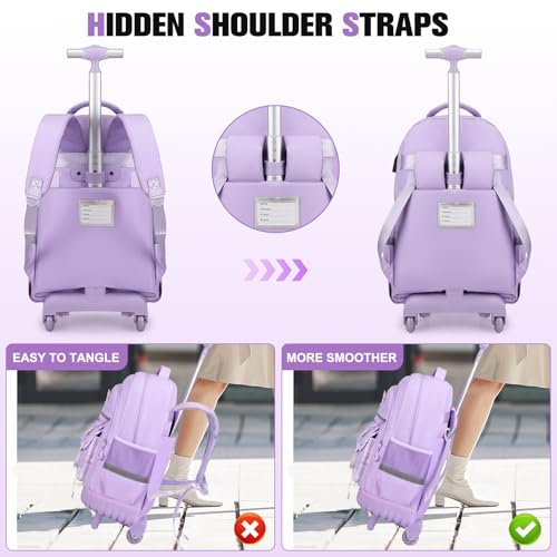 ACESAK Rolling Backpack for Girls - Roller Wheels School Bookbag with Lunch Bag & Pencil Pouch for Teen Girls Kids Wheeled Suitcase Backpacks, Elementary Middle School Travel Daypack (Purple) - color: Purple