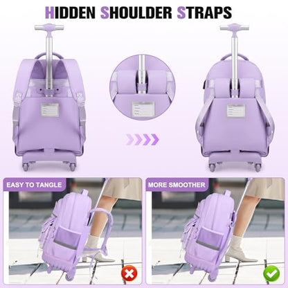 ACESAK Rolling Backpack for Girls - Roller Wheels School Bookbag with Lunch Bag & Pencil Pouch for Teen Girls Kids Wheeled Suitcase Backpacks, Elementary Middle School Travel Daypack (Purple) - color: Purple