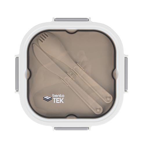 Restaurantware-Bento Tek 57.5 Ounce Bento Box, 1 Reusable Lunch Container - With Fork And Knife, Does Not Contain BPA, White And Gray Plastic Reusable Lunch Box, Microwavable, Dishwashable - size: 1 Count, style: 58 oz - White
