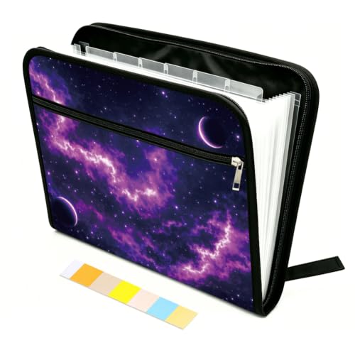 WEBEEDY Expanding File Folder with 13 Pockets, Labels and Zipper, Starry Night Sky Print Portable Paperwork Folder Accordion File Organizer for A4 Paper Document Receipt Travel Office, Back to School
