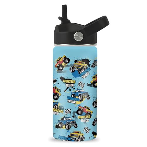 Monster Truck Boys Water Bottle, 16oz Kids Stainless Steel Insulated Water Bottle with Straw Lid, Monster Truck Travel Cup Tumbler, Birthday Gift for School Sport - color: Monster Truck