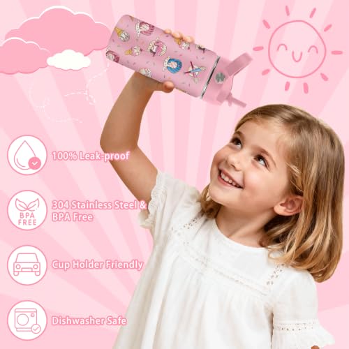 Hiboss Baseball Pink Water Bottle for Girls, 16oz Kids Stainless Steel Insulated Water Bottle with Straw Lid, Ice Cream Baseball Cup Tumbler Birthday Gift for Girls - color: Baseball