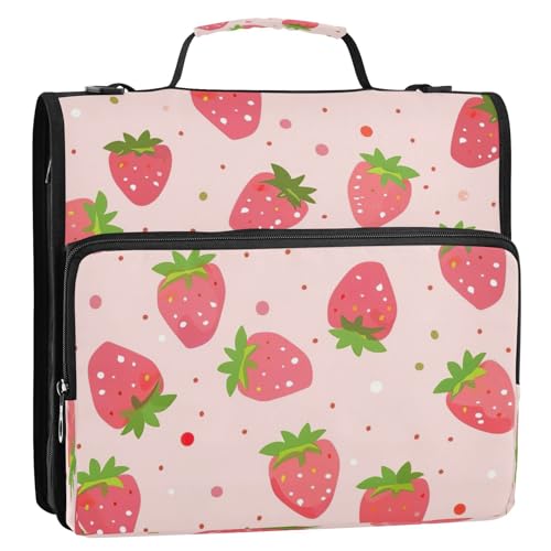 Cartoon Strawberry 3 Ring Binder,Capacity & Multi-Pockets Zipper Binder Bag Organizer with Shoulder Strap & Handle School Office Supplies