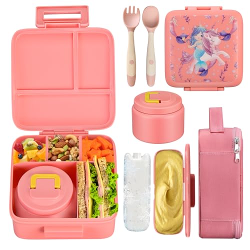JXXM Bento Lunch Box for Kids With 8oz Soup Thermo,Leak-proof Lunch Containers with 5 Compartment,Thermo Food Jar and Lunch Bag, Food Containers for School (A-Pink（Unicorn - Mermaid）) - color: Pink Mermaid