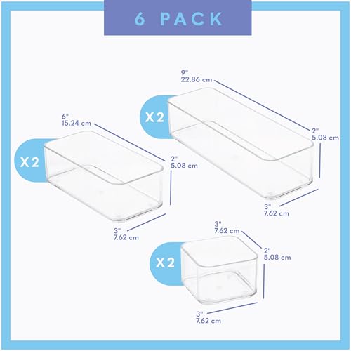 primebox Six Pieces - Clear Plastic Drawer Organizer Bins - Stackable, Non-Slip, 3 Sizes