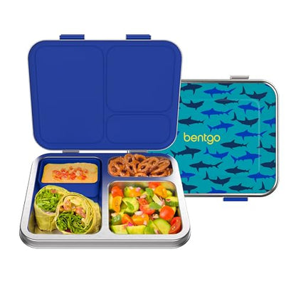 Bentgo Kids Stainless Steel Prints Leak-Resistant Lunch Box - 3-Compartments with Bonus Silicone Container, Durable, Eco-Friendly, Dishwasher Safe, BPA-Free, Ideal for School, Ages 3+ (Shark) - color: Shark