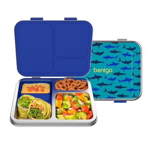 Bentgo Kids Stainless Steel Prints Leak-Resistant Lunch Box - 3-Compartments with Bonus Silicone Container, Durable, Eco-Friendly, Dishwasher Safe, BPA-Free, Ideal for School, Ages 3+ (Shark) - color: Shark