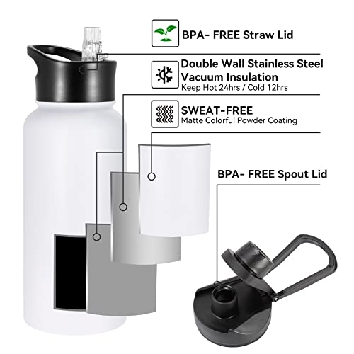 32 oz Insulated Water Bottle Bulk 8 Pack, Stainless Steel Sports Water Bottles with Straw Lid & Wide Mouth Lids, Double Walled Vacuum, Leak Proof, White - color: White, size: 32 Ounces-8