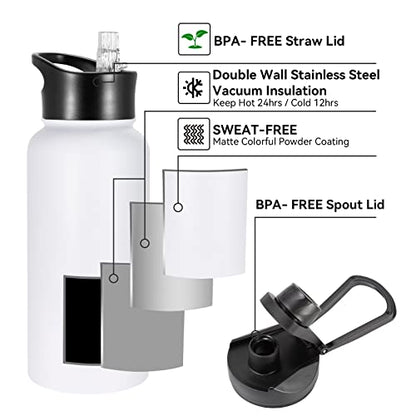 32 oz Insulated Water Bottle Bulk 8 Pack, Stainless Steel Sports Water Bottles with Straw Lid & Wide Mouth Lids, Double Walled Vacuum, Leak Proof, White - color: White, size: 32 Ounces-8