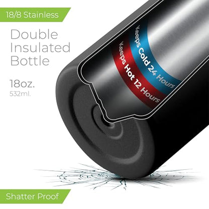 SipX™ 18 oz Insulated Water Bottle with 3 Lids – Leakproof Stainless Steel, Triple Insulated – Cold 24 Hours/Hot 12 Hours – Durable Bottle for School, Gym, Travel – Black - color: Black, size: 18 Ounces