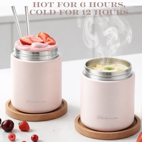 Modaniam Stainless Steel Insulated Food Jar Set of 2 (16oz + 12oz), Wide Mouth, Soup Thermo for Hot Food, Lunch Container, Insulated Soup Bowl, Hot and Cold Insulated Lunch Box, Pink - color: Z-CottonCandyPink