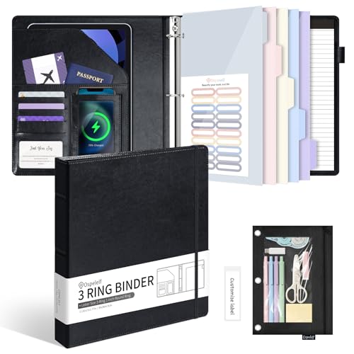 Ospelelf Leather 3 Ring Binder for Letter Size Documents with Pocketed Dividers, 1 Inch Round Rings, Holds 175 Sheets, Binders with Storage Bag & Notepad, for Office School Home Organization, Black - color: Black
