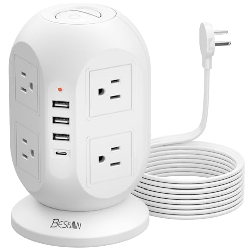 Tower Surge Protector Power Strip 10 ft with 8 Outlets 4 USB Ports(1 USB C), Flat Plug Extension Cord with Multiple Outlets Charging Station for Home Office Dorm, White - color: White-C