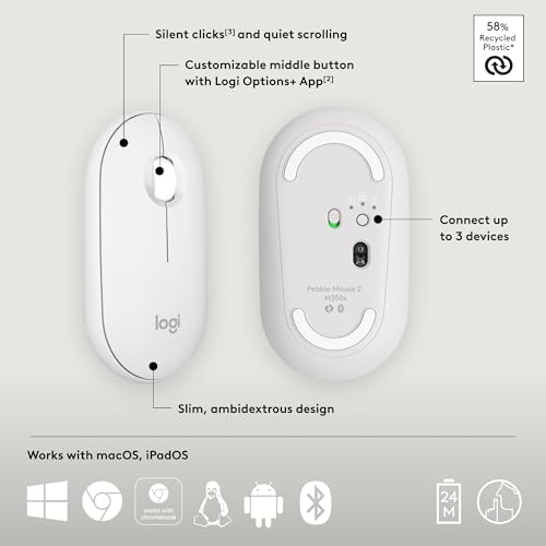Logitech M350s Pebble 2 Bluetooth Wireless Mouse - Tonal White | Slim Bluetooth, Portable, Lightweight, Customizable Button, Quiet Clicks, Easy-Switch for Windows, macOS, iPadOS, Chrome OS - color: Tonal White