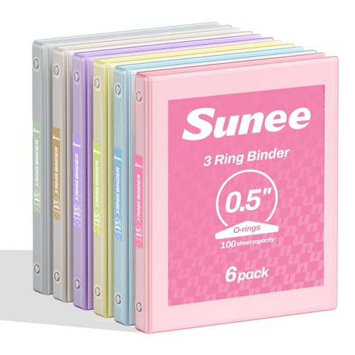 SUNEE 1/2 Inch Binders 3 Ring 6 Pack, 3 Ring Binders Clear View PVC-Free Bulk (Fit 8.5x11 Inches) for School or Office Supplies, Pastel Binder - color: Pastel Assortment, size: 0.5 Inch