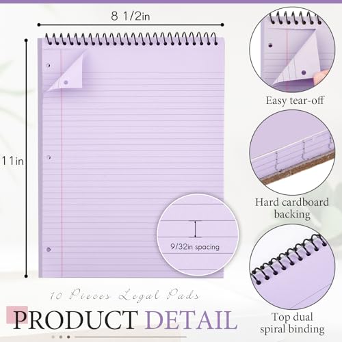 MotiMind 10 Pack 8.5" x 11" Top Spiral Notebook with 3 Hole Punched Legal Pads College Ruled Notepad 50 Sheets Hard Cardboard Paper Wirebound Notepad for Office School Business(Green, Blue, Purple) - color: Green, Blue, Purple