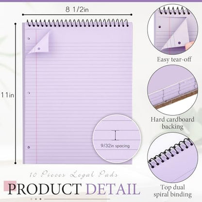 MotiMind 10 Pack 8.5" x 11" Top Spiral Notebook with 3 Hole Punched Legal Pads College Ruled Notepad 50 Sheets Hard Cardboard Paper Wirebound Notepad for Office School Business(Green, Blue, Purple) - color: Green, Blue, Purple