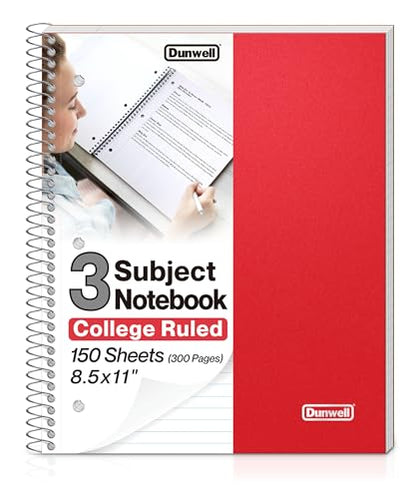 Dunwell 3 Subject Notebook College Ruled (Red), 150 Sheets (300 Pages), Spiral Notebook 8.5 x 11, Plastic Cover, 3 Pocket Divider Folders, 3-Hole Punched Perforated Paper - color: Red