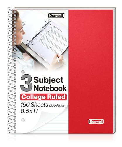 Dunwell 3 Subject Notebook College Ruled (Red), 150 Sheets (300 Pages), Spiral Notebook 8.5 x 11, Plastic Cover, 3 Pocket Divider Folders, 3-Hole Punched Perforated Paper - color: Red