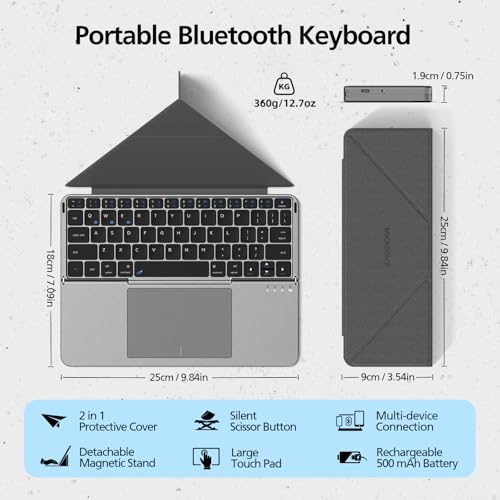 Mircopack Foldable Bluetooth Keyboard with Touchpad and Stand for iPad/iPhone/MacBook,3-Device Ultra Slim PU Leather Magnetic Cover Portable Rechargeable Keyboard for macOS and iOS-Gray - color: Grey