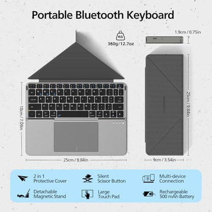 Mircopack Foldable Bluetooth Keyboard with Touchpad and Stand for iPad/iPhone/MacBook,3-Device Ultra Slim PU Leather Magnetic Cover Portable Rechargeable Keyboard for macOS and iOS-Gray - color: Grey