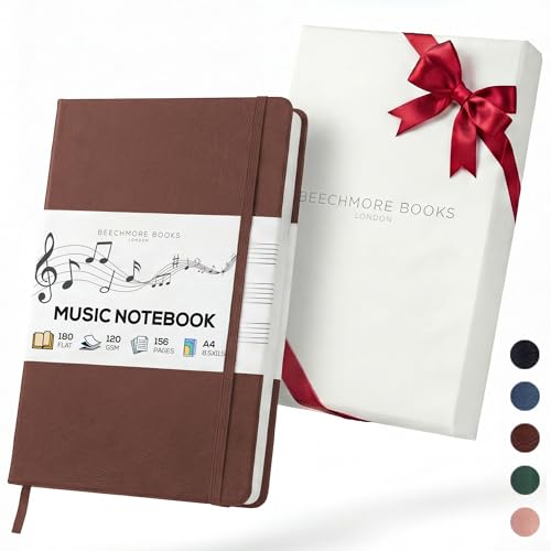 BEECHMORE BOOKS Music Manuscript Paper Notebook - A4 Blank Sheet Music Composition Book for Songwriters & Musicians, 120gsm Thick Staff Paper, 10 Staves, Hardcover Vegan Leather, Perforated Pages - color: Chestnut Brown