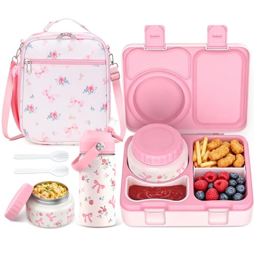 Bento Lunch Box for Kids Adult, Leakproof 3-4 Compartment Bento Box Set with Insulated Food Jar,Water Bottle, Lunch Bag, School Lunch Container for Toddler Teen Girls Boys Ages 3+(PK floral) - color: Pink Floral