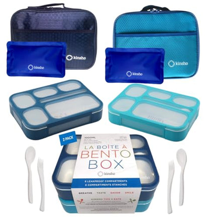 kinsho Lunch Boxes for Kids Boys Teens - Bento Box Set with Insulated Bag and Ice Pack, 6 Compartment Leak Proof Food Container, BPA-Free, Microwave Safe, Ideal for School & Work, Blue + Navy - color: Blue + Navy