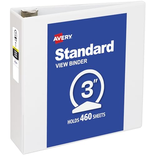 Avery Standard View 3 Ring Binder, 3" Round Rings, 460-Sheet Capacity, 3.5 Inch Wide Spine, 1 White Binder, Ideal for Lightweight Organization and Occasional Referencing (05741) - size: 3"