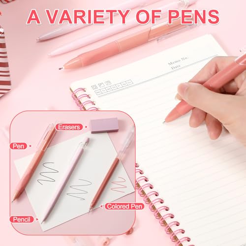 Eersida 74 Pcs Aesthetic School Supplies with Large Pencil Pouch 5 Ink Gel Pens 12 Highlighters 6 Mechanical Pencils 0.5mm 9 Color Pens 4 Note Pads Set for Student Stationary(Pink,Cute Style) - color: Pink, style: Cute Style