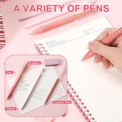 Eersida 74 Pcs Aesthetic School Supplies with Large Pencil Pouch 5 Ink Gel Pens 12 Highlighters 6 Mechanical Pencils 0.5mm 9 Color Pens 4 Note Pads Set for Student Stationary(Pink,Cute Style) - color: Pink, style: Cute Style